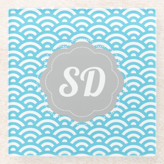 Light Blue Wave Custom Monogram Glasuntersetzer (Vorderseite)