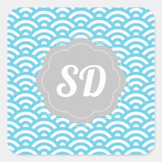 Light Blue Wave Custom Monogram Quadratischer Aufkleber (Vorderseite)