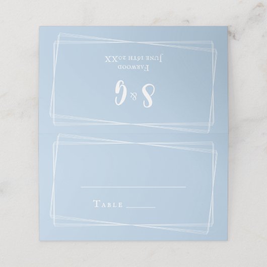Light Blue Wedding Tischnummer Name Custom Platzkarte (Außenseite Aufgefaltet)