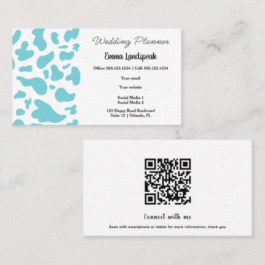 Light Blue & White Cow Print, QR-Code Visitenkarte (Vorne/Hinten)