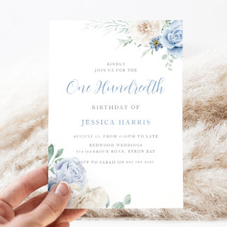 Light Blue & White Elegance 100. Geburtstagsparty Einladung