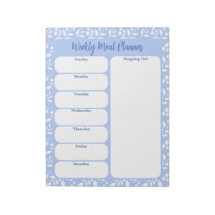 Light Blue White Floral Weekly Meal Planner Notizblock