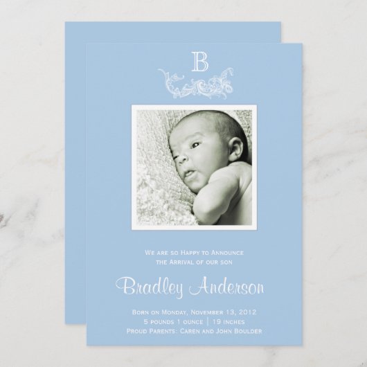 Light Blue White Frame Monogram Baby Ankündigung (Vorne/Hinten)