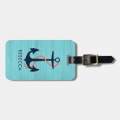 Light Blue Wood & Blue Nautical Anchor Monogram Gepäckanhänger (Vorderseite horizontal)