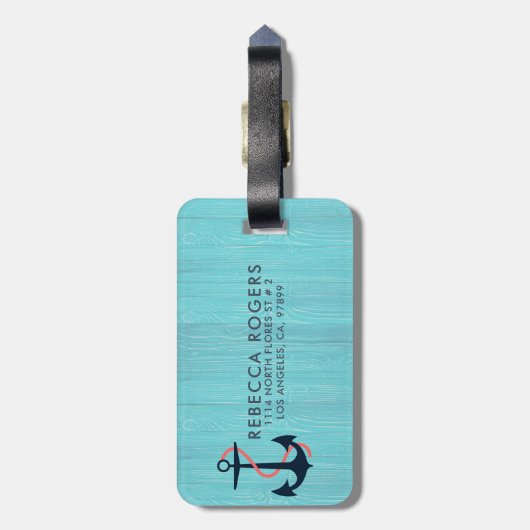 Light Blue Wood & Blue Nautical Anchor Monogram Gepäckanhänger (Rückseite vertikal)