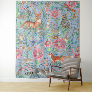 Light Blue Woodland Animal Dex Fox Rabbit Large Wandteppich