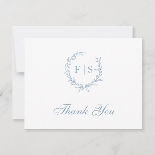 Light Blue Wreath Monogram Dankeschön Card Mitteilungskarte (Vorderseite)