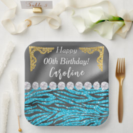 Light Blue Zebra Print & Gold Silver Geburtstag Pappteller