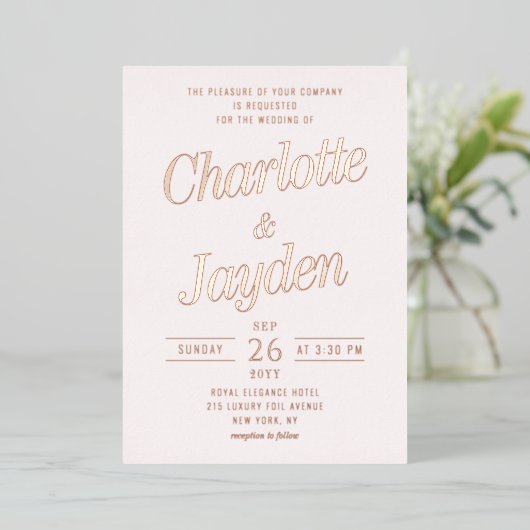 Light Blush Pink Elegante Foil Script Foto Wedding Folieneinladung (Stehend vorne)