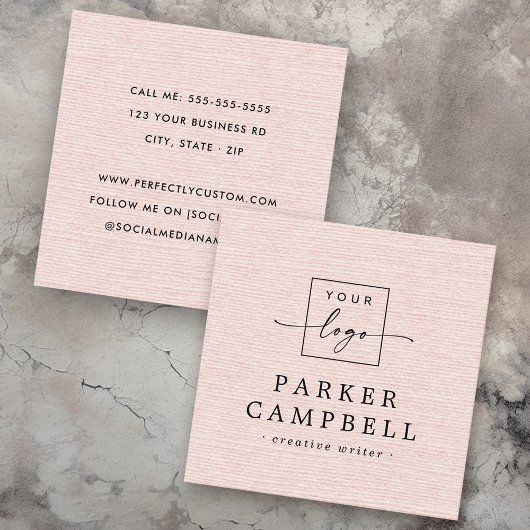 Light blush pink linen look add logo minimalist quadratische visitenkarte