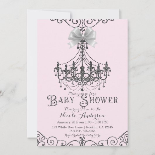 Light Blush Pink & Silver White Bow Baby Dusche Einladung (Vorderseite)
