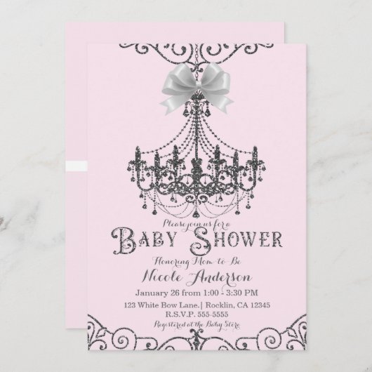 Light Blush Pink & Silver White Bow Baby Dusche Einladung (Vorne/Hinten)
