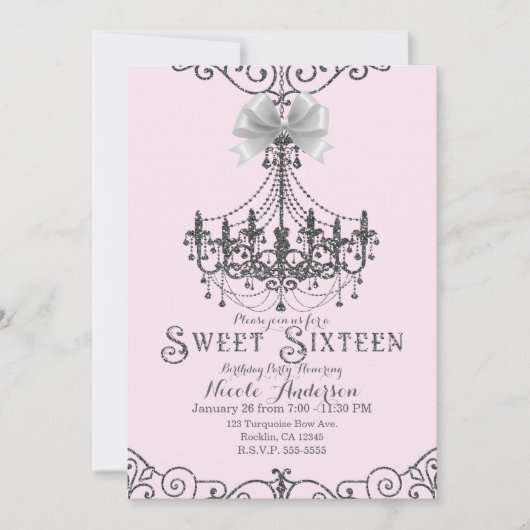 Light Blush Pink Silver White Bow Sweet 16 Sechzeh Einladung (Vorderseite)