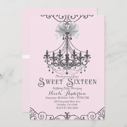Light Blush Pink Silver White Bow Sweet 16 Sechzeh Einladung (Vorne/Hinten)