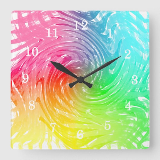 Light Bright Rainbow Abstract Swirly Patterned Quadratische Wanduhr (Vorderseite)