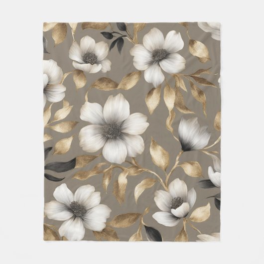 Light Brown Gold Schwarz-weiß Floral Fleecedecke (Vorderseite)