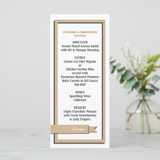 Light Brown Ribbon Wedding Menu / Programm (Stehend Vorderseite)