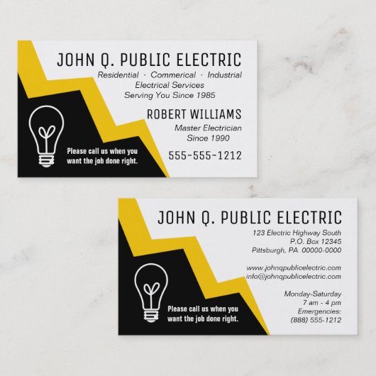 Light Bulb Blitz Bolt Electrical Visitenkarte (Vorne/Hinten)