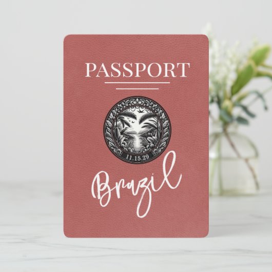 Light Burgundy Brazil Passport Save the Date (Stehend Vorderseite)