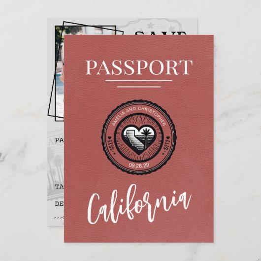 Light Burgundy California Passport Save The Date (Vorne/Hinten)