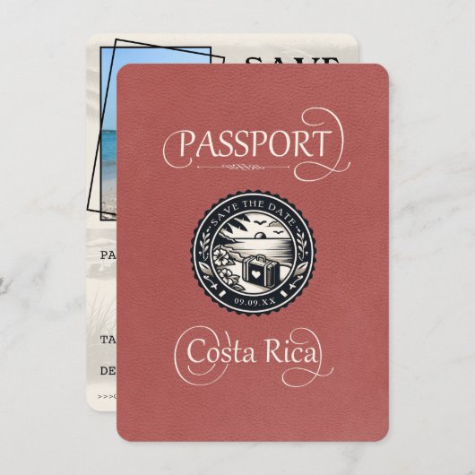 Light Burgundy Costa Rica Passport Save The Date (Vorne/Hinten)