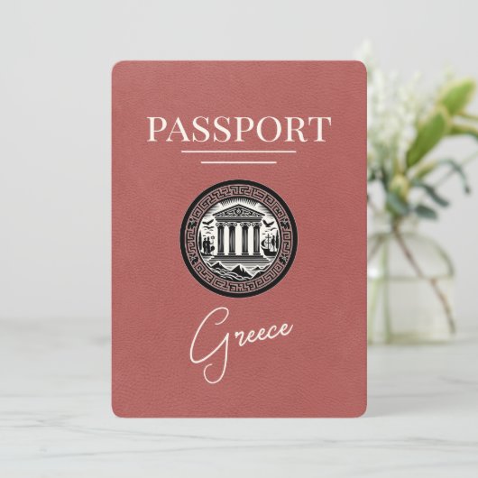 Light Burgundy Greece Passport Save the Date Card (Stehend Vorderseite)