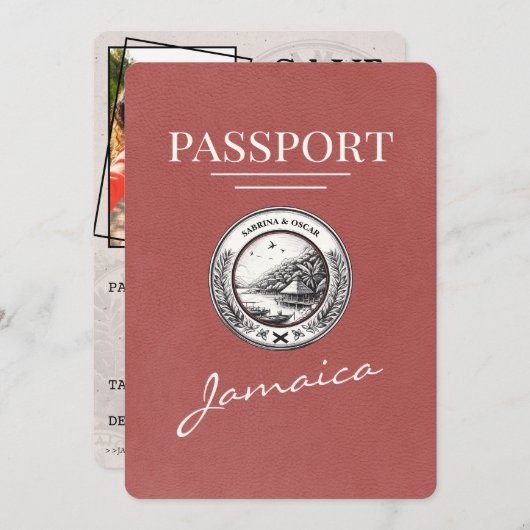 Light Burgundy Jamaica Passport Save the Date (Vorne/Hinten)