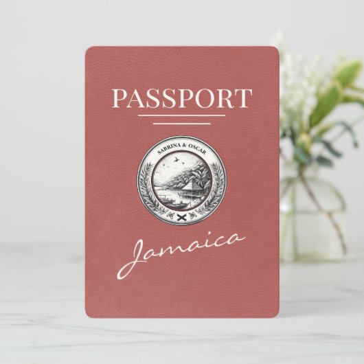 Light Burgundy Jamaica Passport Save the Date (Stehend Vorderseite)