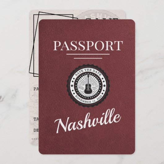 Light Burgundy Nashville Passport Save the Date (Vorne/Hinten)