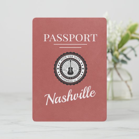 Light Burgundy Nashville Passport Save the Date (Stehend Vorderseite)