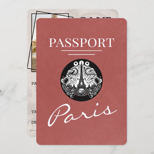 Light Burgundy Paris Passport Save the Date (Vorne/Hinten)