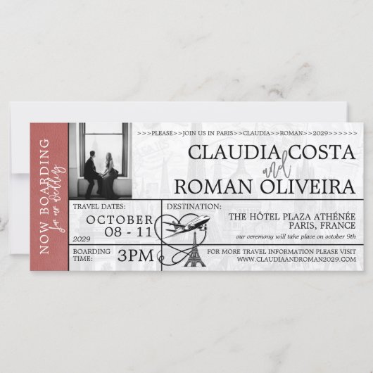 Light Burgundy Paris Wedding Boarding Pass (Vorderseite)