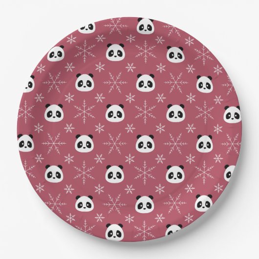 Light Burgundy Red - Niedliche Pandas mit Schneefl Pappteller (Vorderseite)