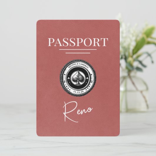 Light Burgundy Reno Passport Save the Date (Stehend Vorderseite)