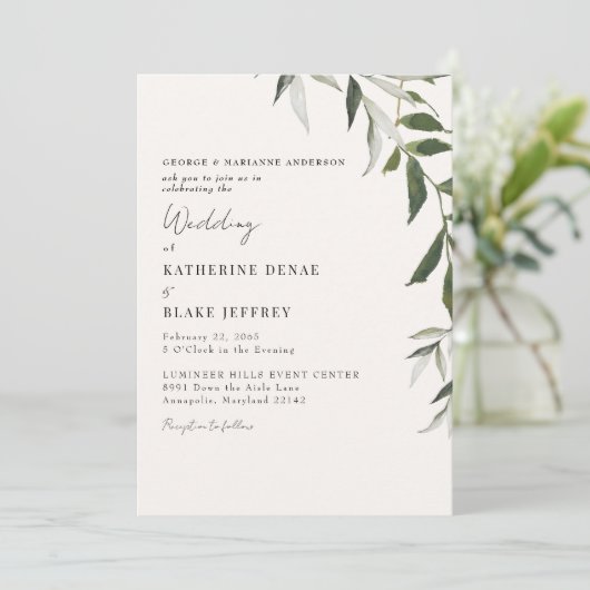 Light Champagne Greenerity Wedding Einladung (Stehend Vorderseite)