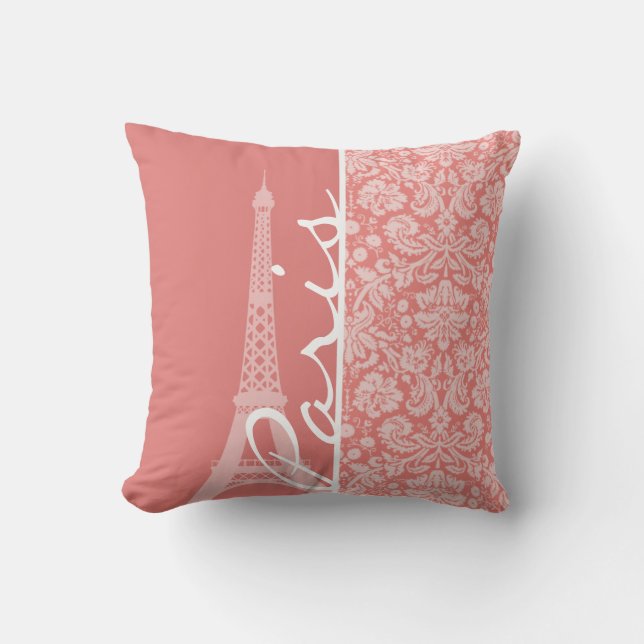 Light Coral Damask; Paris; Eiffelturm Kissen (Vorderseite)