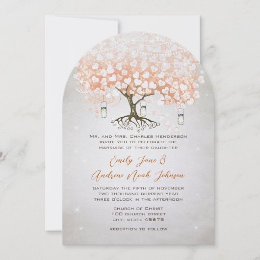 Light Coral Heart Leaf Tree Wedding Einladung (Vorderseite)