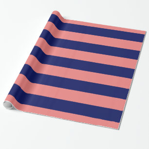 Light Coral, Navy Blue XL Stripes Muster V Geschenkpapier