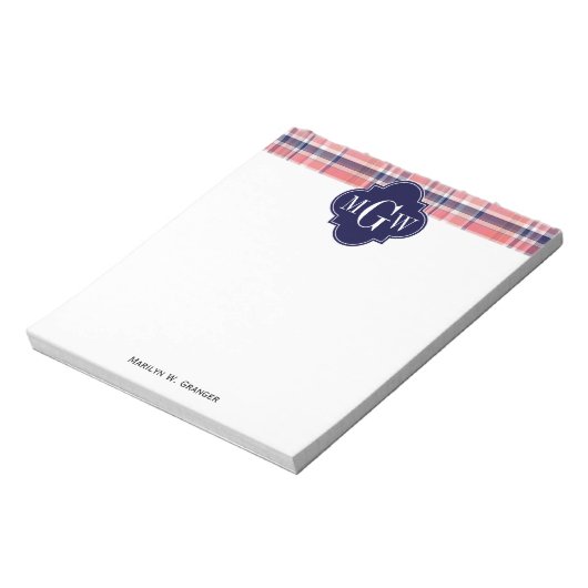 Light Coral Navy Welpe Madras Monogram Notizblock (Rotiert)