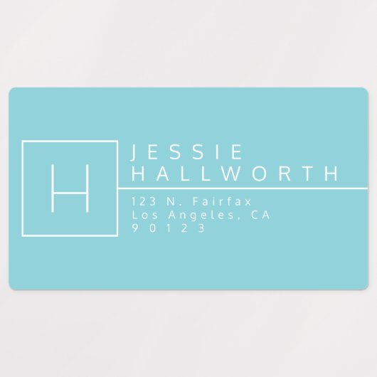 Light Cyan Blue & White Mit Monogramm wasserdicht Etiketten (Design 1)