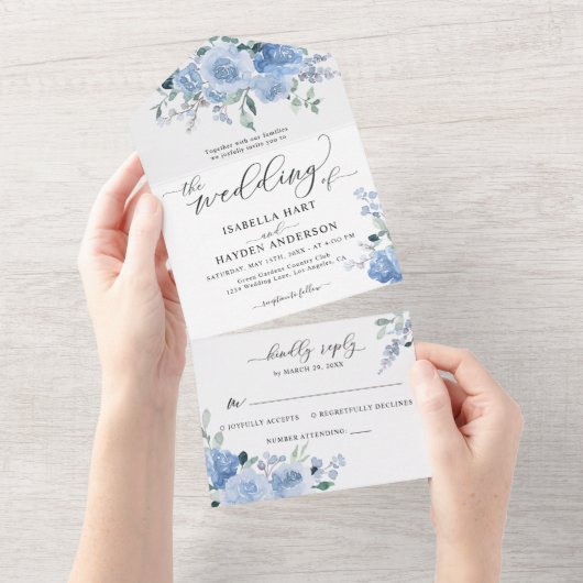 Light Dusty Baby Blue Floral Botanical Wedding All In One Einladung (Abreißen)