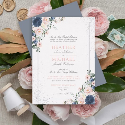 Light Dusty Blue Blush Pink Floral Silver Wedding Folieneinladung