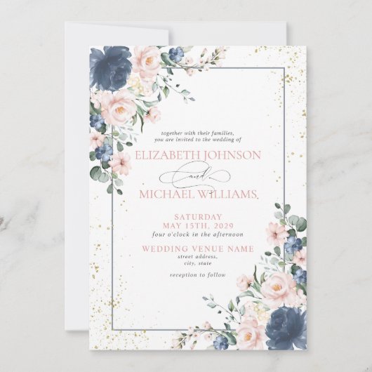 Light Dusty Blue Blush Pink Gold Floral Foto Invi Einladung (Vorderseite)