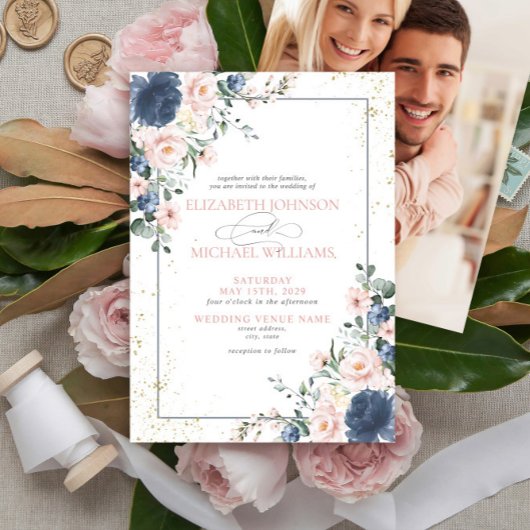Light Dusty Blue Blush Pink Gold Floral Foto Invi Einladung