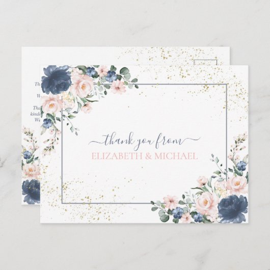 Light Dusty Blue Blush Pink Gold Floral Vielen Dan Postkarte (Vorne/Hinten)