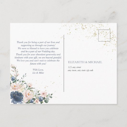 Light Dusty Blue Blush Pink Gold Floral Vielen Dan Postkarte (Rückseite)
