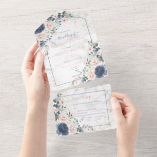 Light Dusty Blue Blush Pink Gold Floral Wedding All In One Einladung