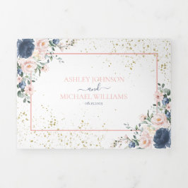 Light Dusty Blue Blush Pink Gold Floral Wedding Dreifach Gefaltete Einladung