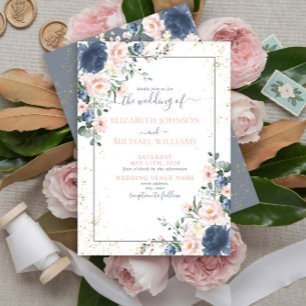 Light Dusty Blue Blush Pink Gold Floral Wedding Einladung