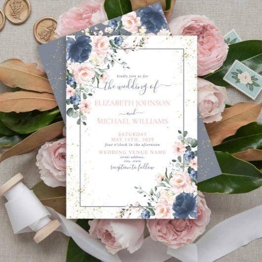 Light Dusty Blue Blush Pink Gold Floral Wedding Einladung